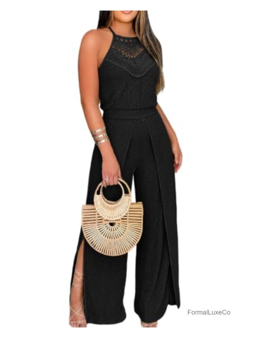 Eyelet Halter Jumpsuit High Waist Wide Leg Sleeveless One Piece
